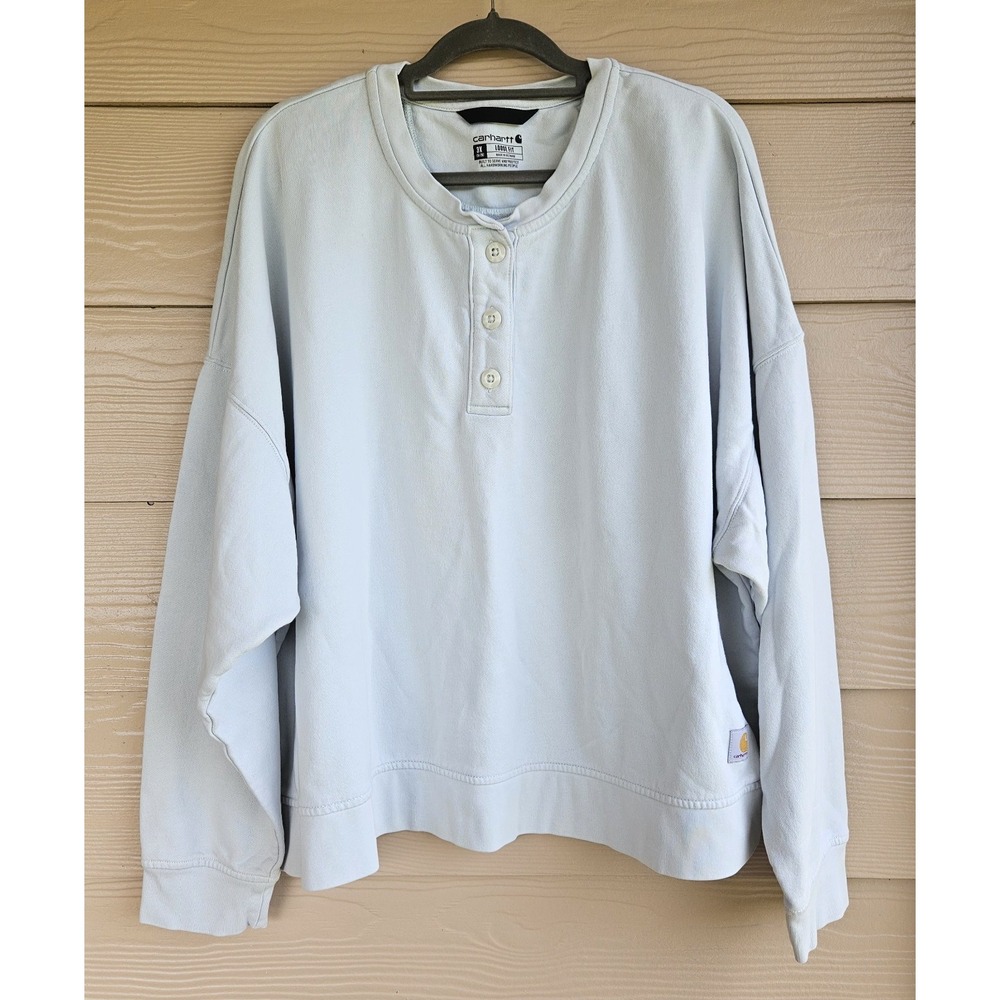 Carhartt Loose Fit French Terry Henley Sweatshirt Light Blue Logo Women 3X